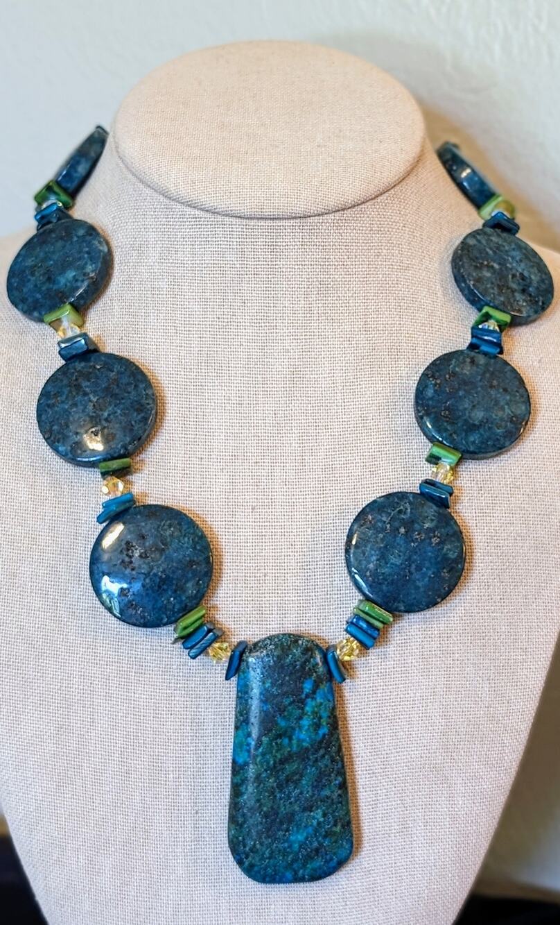 Chunky Heavy Blue Green Stone W/ Silver Toggle Clasp 20" Necklace